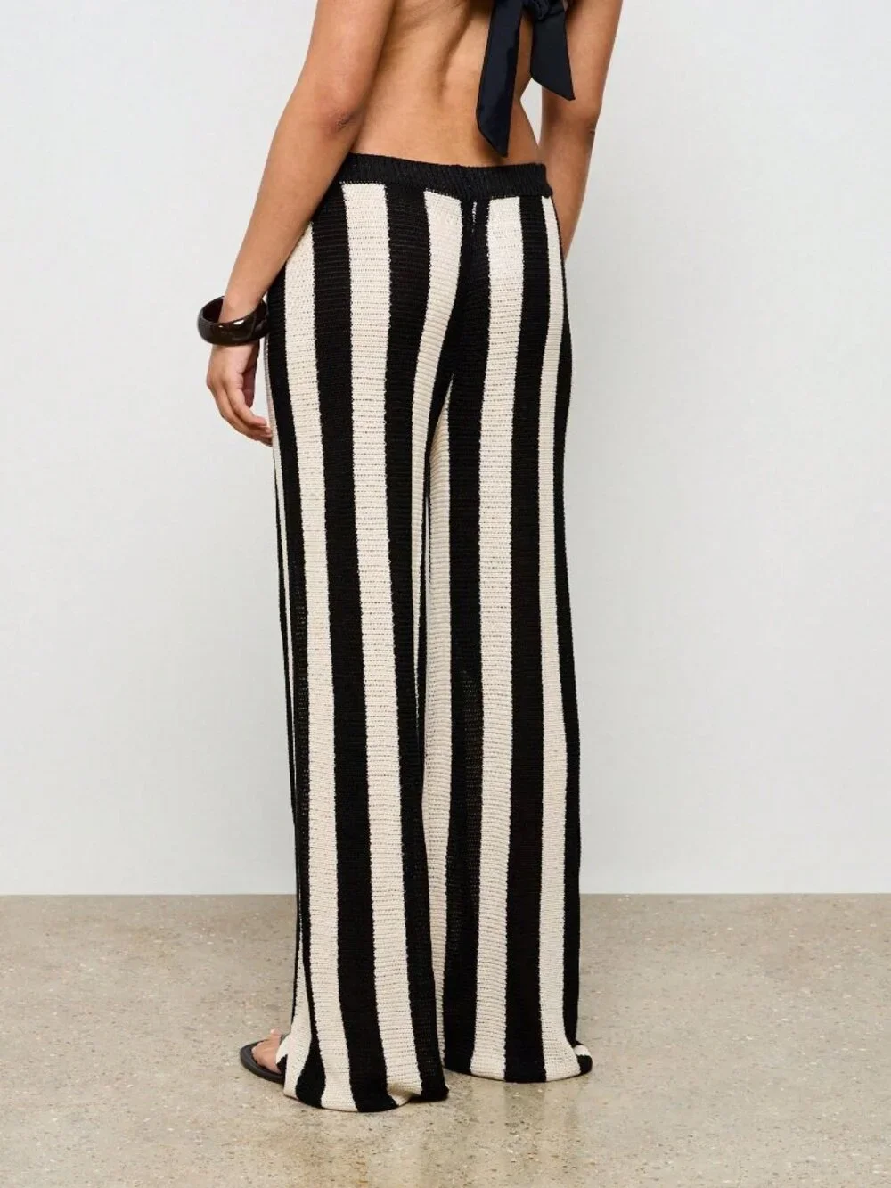 Black And White Casual Women's Stripe Wide Leg Crochet Trousers - Picture 2 of 6